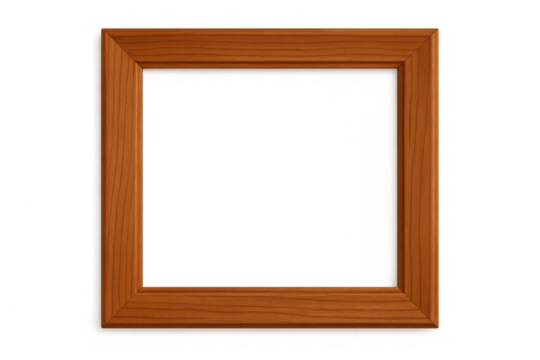 Wooden picture frame with a natural brown finish. Square border offering copy space for various content, isolated on a transparent background