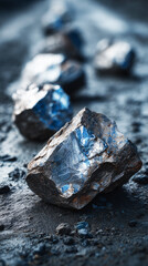 Obraz premium Shiny metallic stones with blue reflections lie on wet ground, reflecting the cold light. 