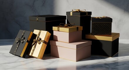 Stack of luxury gift boxes on marble surface