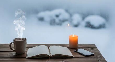 Cup of coffee, candle, and notebook outdoors on snowy morning