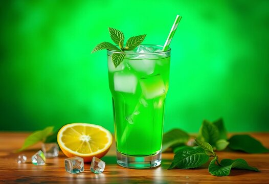 Refreshing green diabolo menthe drink in a glass, ice cubes,  non-alcoholic,  refreshing