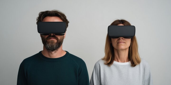 Man and woman wearing virtual reality glasses exploring digital world. Concept of future technology, innovation, and immersive virtual experience.. Advertising banner