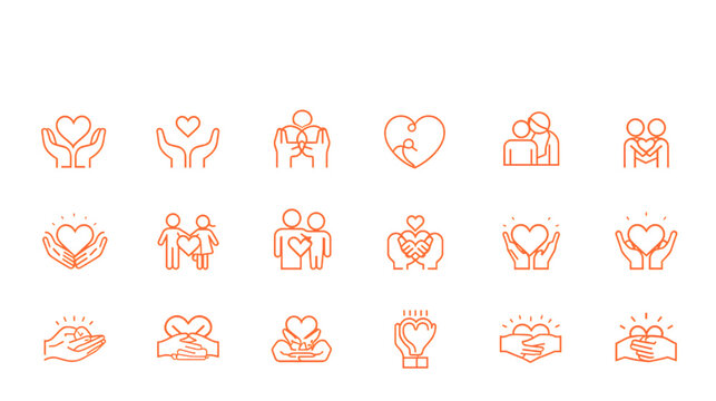 Love and Unity Symbols: An illustrated array of loving hearts and embracing figures, designed to evoke a sense of warmth, care, and unity through elegant line art, suitable for various themes