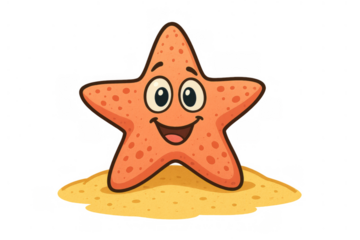 Starfish cartoon character smiling on beach sand, displaying happy emotions, transparent background, marine life education
