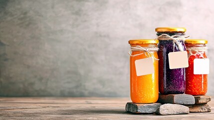 Three glass jars containing colorful preserves, jams, or juices, each tied with twine and featuring a blank label, are displayed on a rustic wooden surface.