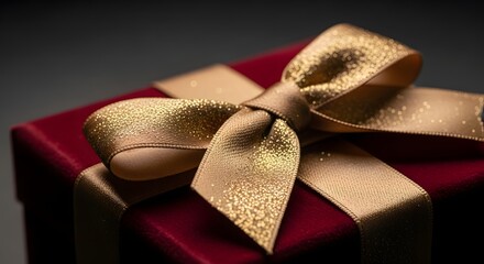 Red gift box with golden ribbon on dark background