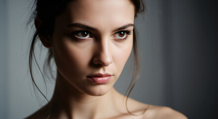 A beautiful woman with an intense gaze and strong features looks away thoughtfully in soft, moody light, setting a serious mood.