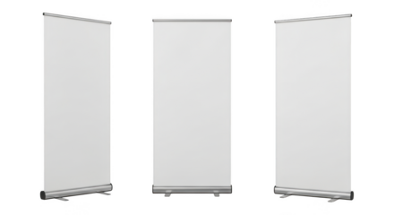 Three blank white roll up banner stands isolated on transparent background