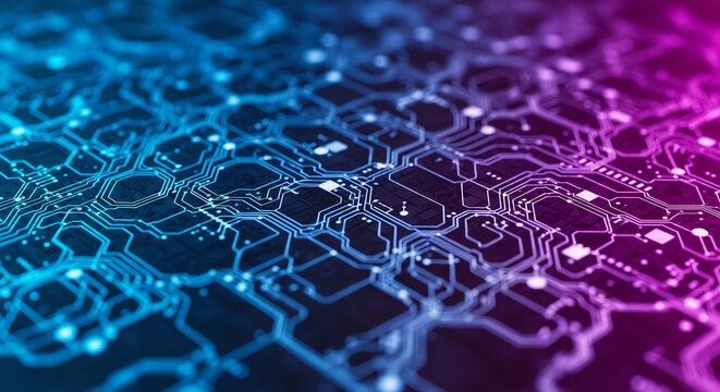 Abstract Circuit Board Design: A close-up view reveals an intricate network of pathways and components, illuminating the complex digital landscape of modern technology.