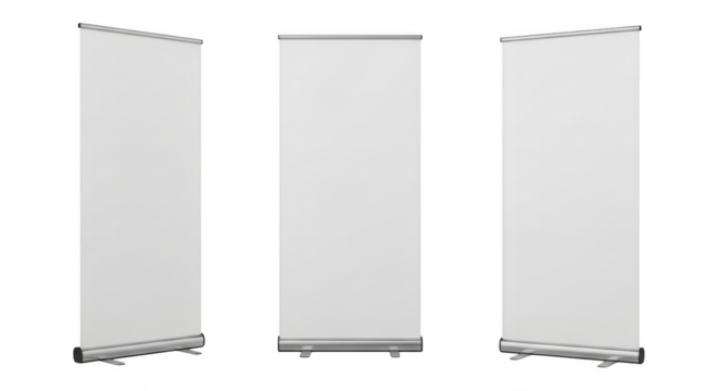 Three blank white roll up banner stands isolated on transparent background - Powered by Adobe