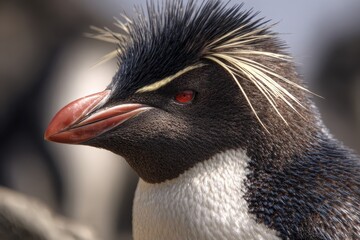 Naklejka premium Rockhopper penguin exhibiting distinctive features in a natural habitat setting during the morning light in the Southern Hemisphere