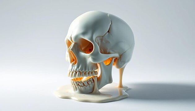 Creamy white skull melting, dripping onto pristine white background, skull,  spooky