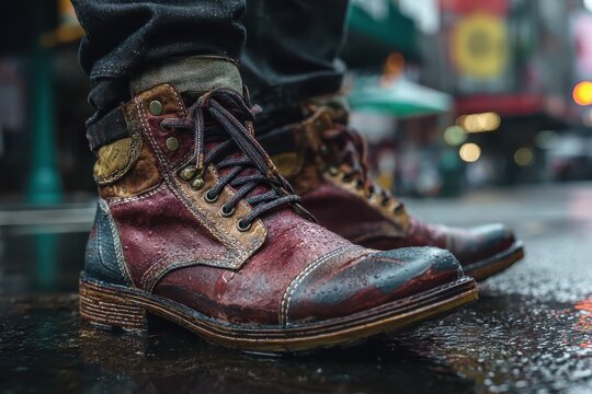 Stylish mens shoes on urban pavement during a rainy day in the city showcasing detailed craftsmanship and street fashion aesthetics