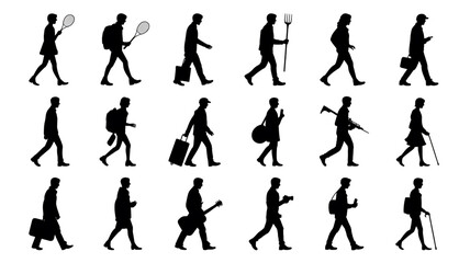 Fototapeta premium A set of 20 black silhouettes of people walking in different poses against a white background