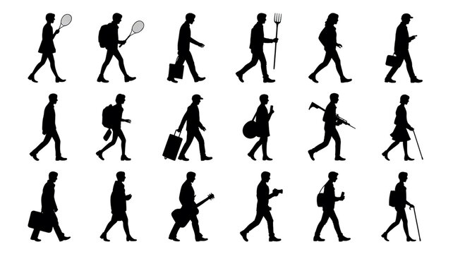 A set of 20 black silhouettes of people walking in different poses against a white background