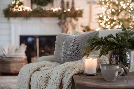 Christmas candle burning next to a mug and green pine branches.