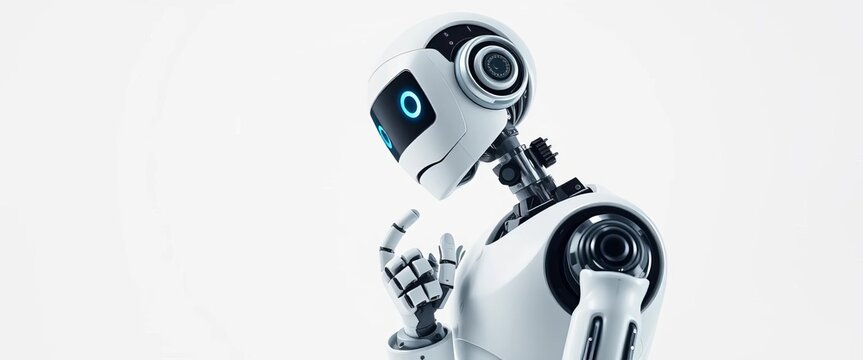 Thoughtful robot posed on pristine white background, contemplative expression,  illustration,  digital
