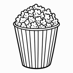 A black and white illustration of a striped bucket overflowing with fluffy popcorn kernels. Perfect for simple graphic needs.