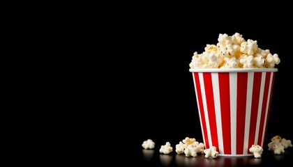 Classic red and white striped popcorn bucket against a black backdrop,  striped bucket,  snack