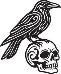 Tribal tattoo design of a raven with skull representing mystery and death.