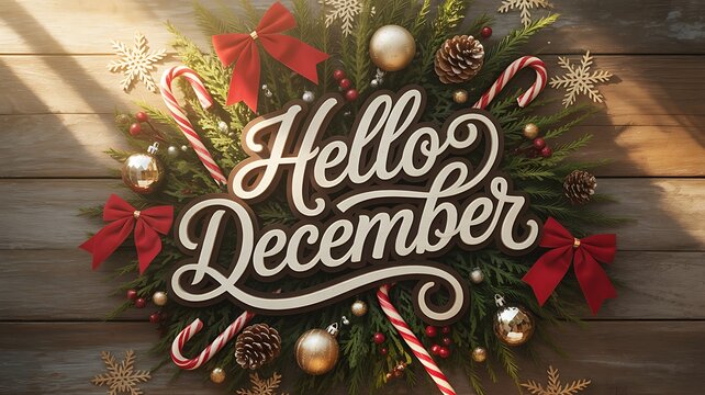 Festive hello december wreath with bows, candy canes, and ornaments - Powered by Adobe