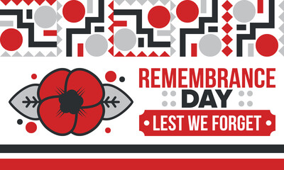Obraz premium Remembrance Day. Lest we Forget. Remembrance poppy. Poppy day. Memorial day observed in Commonwealth member states to honour armed forces members who have died in the line of duty. Red poppy. Vector