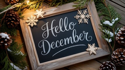 Hello december written on a chalkboard with festive decorations