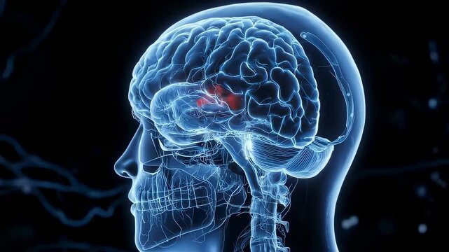 Medical illustration of a human brain, highlighting the amygdala, a key structure for emotions.