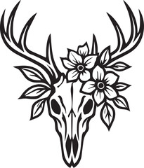 Tribal tattoo design of a deer skull with flowers representing nature and rebirth.