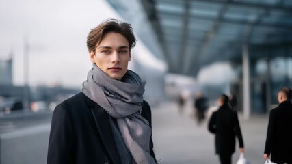 A fashionable young male model poses in a sleek coat and scarf, exuding confidence against a blurred city background. Urban sophistication and modern style are captured in this vibrant image