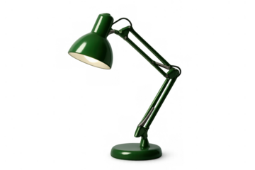 Green adjustable architect desk lamp turned on, illuminating a working area. Object isolated on transparent background