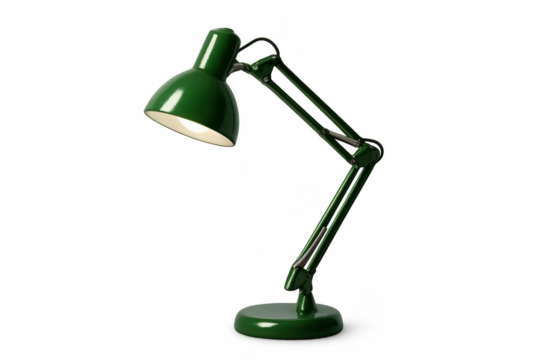 Green adjustable architect desk lamp turned on, illuminating a working area. Object isolated on transparent background