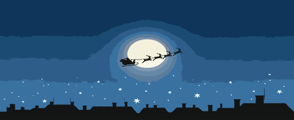 Santa’s Sleigh Flying Over Rooftops in Moonlit Night – Magical Christmas Silhouette Scene