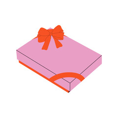 A multicolored gift box with a bow and ribbon on a white background. A festive pink gift box for New Year's, birthdays, and other occasions.