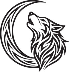 Tribal tattoo design of a wolf howling at the crescent moon representing loyalty and freedom.