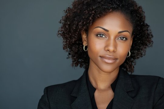 Captivating horizontal headshot of an attractive African American woman exuding confidence and charm in a black blazer against a neutral backdrop