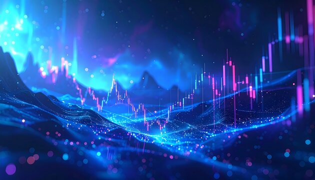 Abstract Financial Chart with Futuristic Landscape and Glowing Lights.