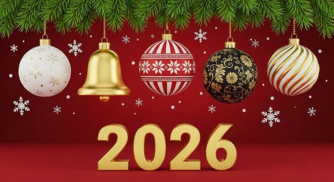 Festive new year 2026 celebration with hanging ornaments and snowflakes on a red background