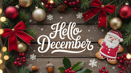 Hello december festive greeting with santa and ornaments on wood