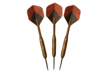 Three old brass darts with classic flights, representing accuracy, goal setting, targeting, and competitive games. Transparent background