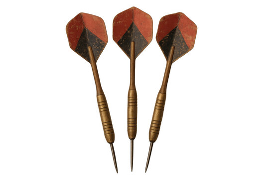 Three old brass darts with classic flights, representing accuracy, goal setting, targeting, and competitive games. Transparent background