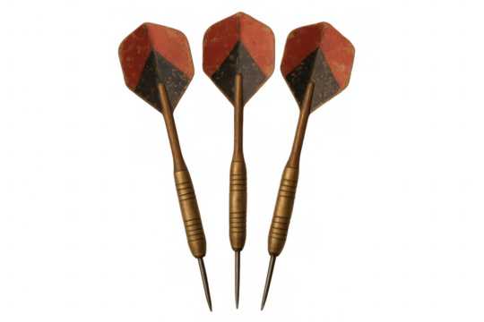 Three old brass darts with classic flights, representing accuracy, goal setting, targeting, and competitive games. Transparent background