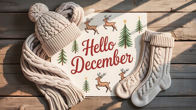 Cozy winter accessories and festive hello december text on wood