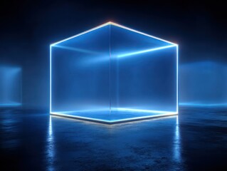 a  geometric frame background with deep blue gradient tones and glowing neon light edges