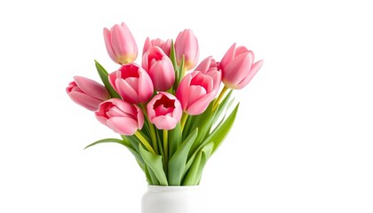 A cluster of pink tulips in a simple white vase, isolated on a white background,   isolated,  cheerful © Nibong