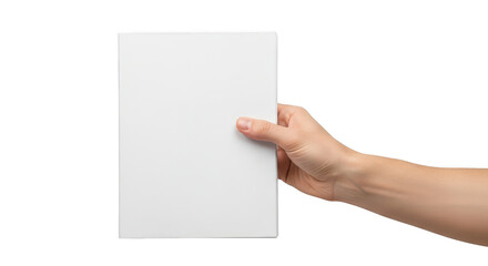 Fototapeta premium Hand holding a blank white brochure or flyer isolated on transparent background