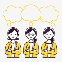 Three Businesswomen Thinking with Clouds, Outlined Vector Art