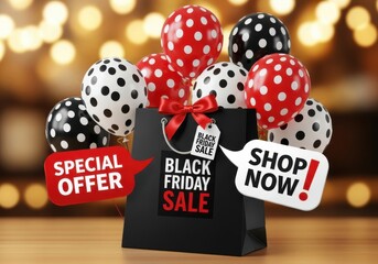 Black Friday sale shopping bag with polka dot balloons and sale signs image