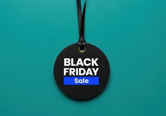 Black Friday sale tag hanging on teal background image