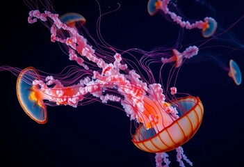 Massive jellyfish dominates inky black ocean depths, underwater photography, abyss